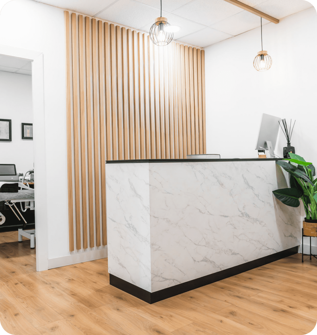 Modern reception area with wooden accents.